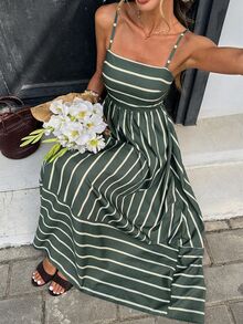 Serisse Women's Striped Ruffle Hem Casual Spaghetti Strap Dress,Summer Dresses For Women - Green - View 7