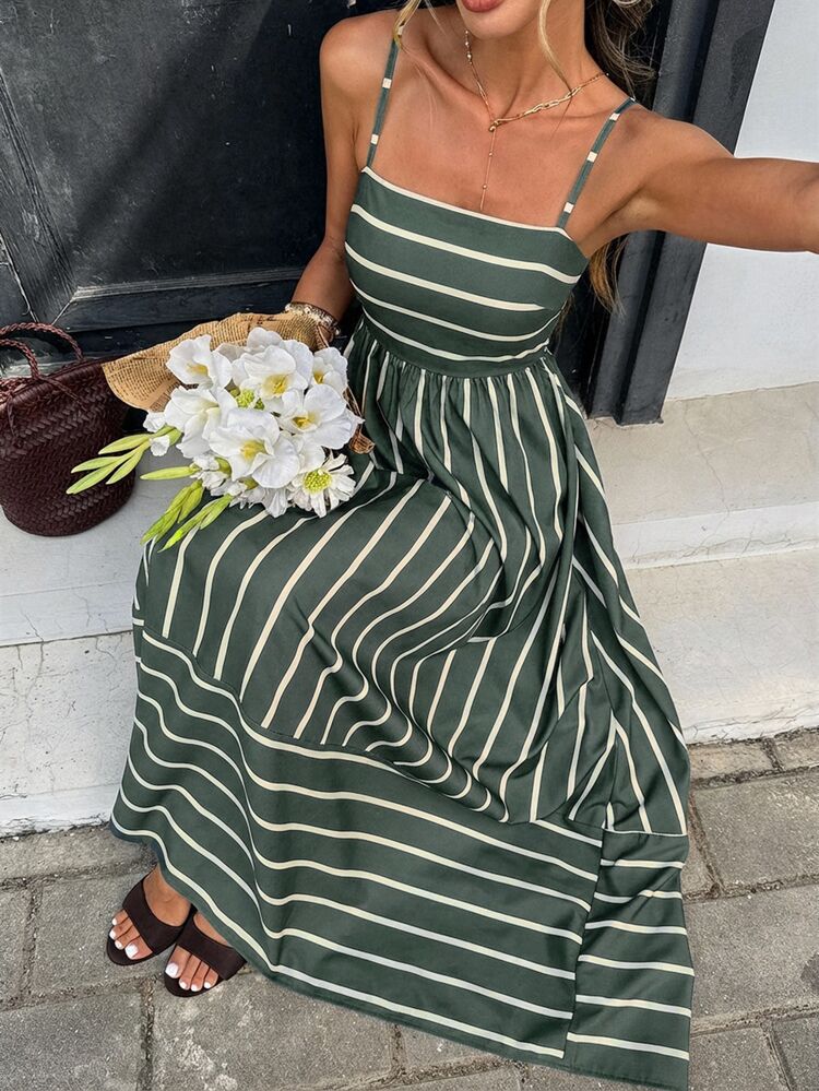 Serisse Women's Striped Ruffle Hem Casual Spaghetti Strap Dress,Summer Dresses For Women - Green - View 7