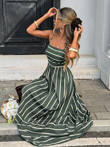 Serisse Women's Striped Ruffle Hem Casual Spaghetti Strap Dress,Summer Dresses For Women - Green - View 3