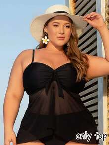 SHEIN Swim Summer Beach Plus Knot Front Mesh Overlay Tankini Top Swimwear Top - Black - View 2