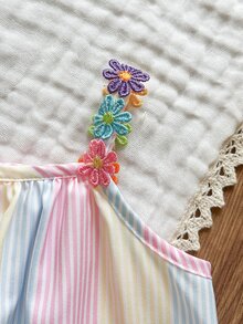 SHEIN Vintaside Kids 女嬰藍粉花卉緞帶拼接A字洋裝，適合日常休閒可愛熱帶度假海灘夏季場合 - 彩色 - 查看 7