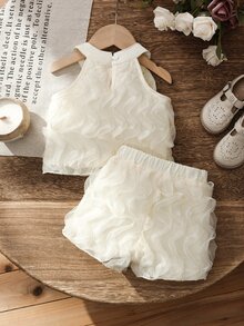 SHEIN 女童 2 件組夏季時尚套裝，蝴蝶結裝飾圓領掛脖背心上衣 + 休閒可愛寬鬆短褲，2 歲生日，婚禮米白色 - 杏色 - 查看 3