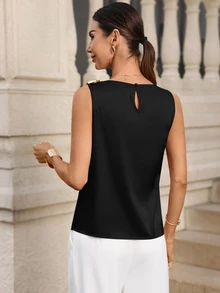 Editum Women's Regular Pleated Satin Sleeveless Blouse,Summer Top - Black - View 2