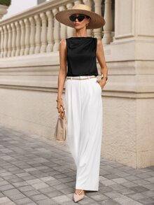 Editum Women's Regular Pleated Satin Sleeveless Blouse,Summer Top - Black - View 9
