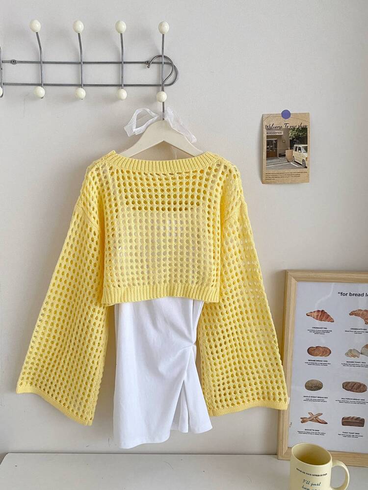 SHEIN Tween Girl Pale Yellow Autumn Casual Cute Hollow Out Crew Neck Long Sleeve Crochet Sweater Girls Cropped Sun Vacation Open Knit Net Top Loose Jumper - Mustard Yellow - View 2