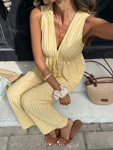 Serisse Women's Vacation Casual Striped Tank Top And Pants 2 Pieces Set - Light Yellow - View 7