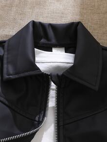 SHEIN 年轻女孩的时尚街头风格黑色夹克，采用清爽面料制成，翻领设计，银色拉链前襟，方便穿着，罗纹袖口和下摆，时尚外观，宽松时尚版型，适合秋冬季日常穿着 - 黑色 - 查看 4