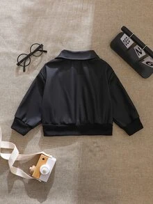 SHEIN 年轻女孩的时尚街头风格黑色夹克，采用清爽面料制成，翻领设计，银色拉链前襟，方便穿着，罗纹袖口和下摆，时尚外观，宽松时尚版型，适合秋冬季日常穿着 - 黑色 - 查看 3