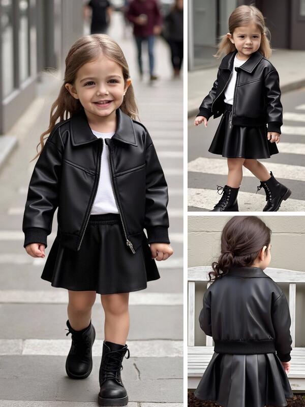 SHEIN Young Girls' Chic Street Style Black Autumn Jacket,Crisp Fabric With Lapel Design,Silver Zipper Front,Ribbed Cuffs & Hem,Loose Fit Everyday Outerwear