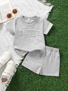 SHEIN Playful Pals 2件組女嬰休閒端莊圖案經典可愛短袖「Daddy's Girl」T恤短褲套裝，適合春夏派對，灰色/淺灰色 - 灰色 - 查看 1