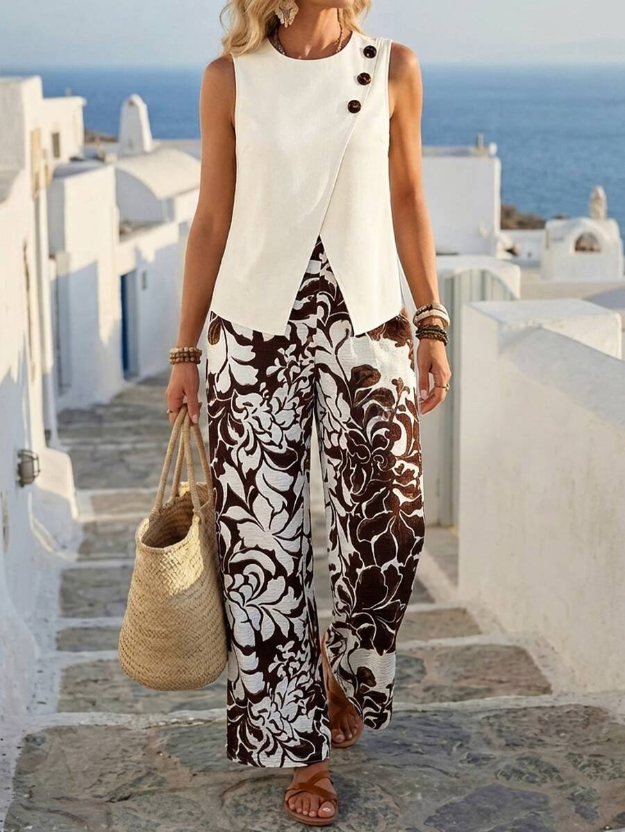 EMERY ROSE Women's Sleeveless Crop Top With Buttons, Loose Printed Pants Set, Casual Daily Outfit, Vacation Suit, Spring/Summer - Apricot - View 1