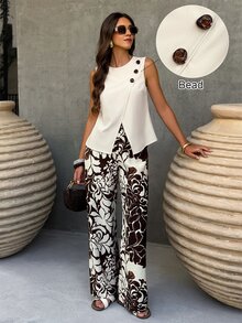 EMERY ROSE Women's Sleeveless Crop Top With Buttons, Loose Printed Pants Set, Casual Daily Outfit, Vacation Suit, Spring/Summer - Apricot - View 6