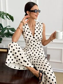 SHEIN Frenchy 女士波点印花V领无袖阔腿连体裤 - 黑與白 - 查看 5