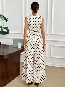 SHEIN Frenchy 女士波点印花V领无袖阔腿连体裤 - 黑與白 - 查看 3