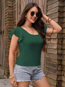 SHEIN Privé Women's Square Neck Ruffle Short Sleeve T-Shirt Pink Shirt - Dark Green - View 4