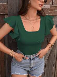 SHEIN Privé Women's Square Neck Ruffle Short Sleeve T-Shirt Pink Shirt - Dark Green - View 1