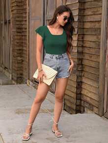 SHEIN Privé Women's Square Neck Ruffle Short Sleeve T-Shirt Pink Shirt - Dark Green - View 3