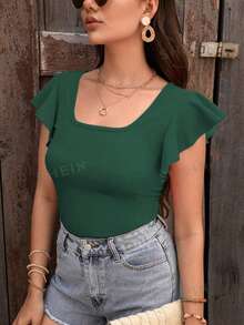 SHEIN Privé Women's Square Neck Ruffle Short Sleeve T-Shirt Pink Shirt - Dark Green - View 6