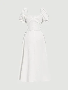Skyraze Petal Sleeve Tie-Waist Solid Color Square Neck Mid-Length Dress,Summer Dresses For Women - White - View 6