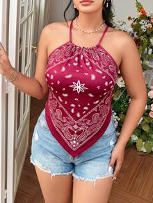 FleurLily توب بوهو مطبوع بزهور البيزلي غير متماثل الحاشية مع ياقة هالتر للنساء ذوات المقاسات الكبيرة للإجازات وتيشيرتات الرسومات - الأرجواني - مشاهدة 3