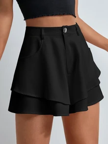 Firerie Two Layer Hem Wide Leg Shorts - Black - View 6