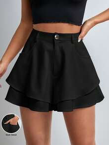 Firerie Two Layer Hem Wide Leg Shorts - Black - View 7