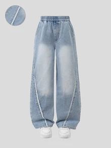 SHEIN Tween Girl Blue And White Striped Summer Streetwear School Back-To-School Soft Washed Versatile Loose Elastic Waist Floral Lace Patchwork Denim Jeans - Medium Wash - View 1
