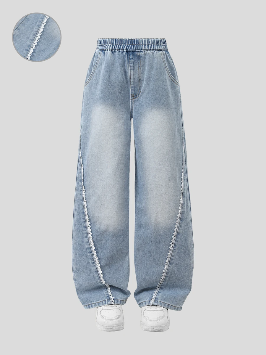 SHEIN Tween Girl Blue And White Striped Summer Streetwear School Back-To-School Soft Washed Versatile Loose Elastic Waist Floral Lace Patchwork Denim Jeans - Medium Wash - View 1