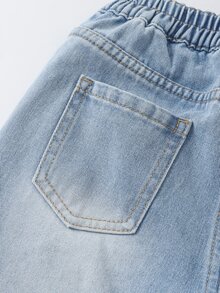 SHEIN Tween Girl Blue And White Striped Summer Streetwear School Back-To-School Soft Washed Versatile Loose Elastic Waist Floral Lace Patchwork Denim Jeans - Medium Wash - View 4