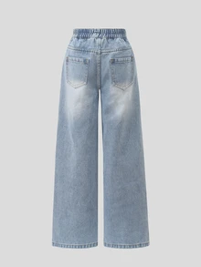 SHEIN Tween Girl Blue And White Striped Summer Streetwear School Back-To-School Soft Washed Versatile Loose Elastic Waist Floral Lace Patchwork Denim Jeans - Medium Wash - View 2