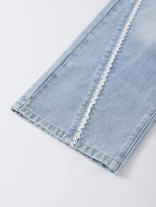 SHEIN Tween Girl Blue And White Striped Summer Streetwear School Back-To-School Soft Washed Versatile Loose Elastic Waist Floral Lace Patchwork Denim Jeans - Medium Wash - View 3