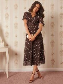 Amorya 女士时尚优雅波点印花V领中长连衣裙 - 粉色 - 查看 4