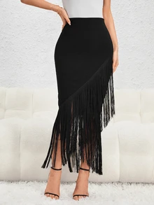Firerie Fringe Trim Asymmetrical Hem Skirt - Black - View 5