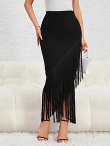 Firerie Fringe Trim Asymmetrical Hem Skirt - Black - View 4