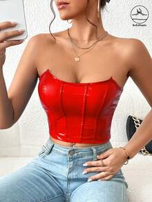 Firerie Women Corset Solid PU Leather Tube Top - Red - View 6