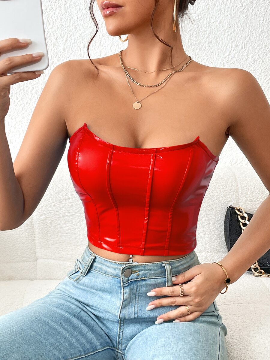 Firerie Women Corset Solid PU Leather Tube Top - Red - View 1