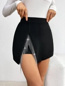 Firerie Fringe Trim Asymmetrical Hem Black Skort - Black - View 1