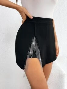 Firerie Fringe Trim Asymmetrical Hem Black Skort - Black - View 2