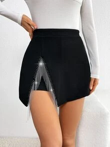 Firerie Fringe Trim Asymmetrical Hem Black Skort - Black - View 4