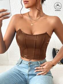 Firerie Corset Solid Crop Tube Top - Coffee Brown - View 6