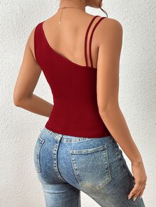 Firerie Solid Asymmetrical Neck Ribbed Knit Top - Rose Red - View 2