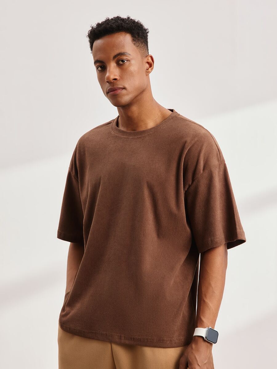 Driftmere Kaos Pria Kasual Longgar Leher Bulat Lengan Pendek, Warna Kopi - Coffee Brown - View 1
