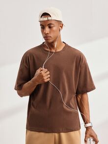 Driftmere Kaos Pria Kasual Longgar Leher Bulat Lengan Pendek, Warna Kopi - Coffee Brown - View 8