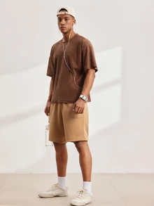 Driftmere Kaos Pria Kasual Longgar Leher Bulat Lengan Pendek, Warna Kopi - Coffee Brown - View 3