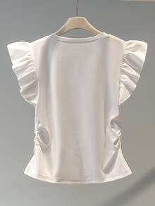 SHEIN 青少年女孩優雅休閒3D花卉荷葉邊無袖圓領T恤，夏季穿搭，舒適日常簡約度假風 - 白色 - 查看 2