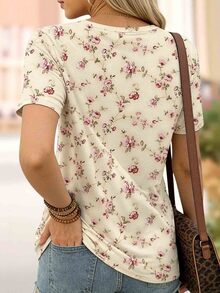 EMERY ROSE Women's Comfortable Floral Print Casual Round Neck Top, Suitable For Daily Wear - Apricot - View 2