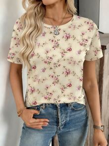 EMERY ROSE Women's Comfortable Floral Print Casual Round Neck Top, Suitable For Daily Wear - Apricot - View 3