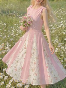 SHEIN 一件优雅蝴蝶结装饰无袖拼接下摆印花拉链连衣裙，适合少女，春夏休闲、度假、派对穿着。 - 粉色 - 查看 3