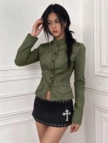 IslaSuriya Women's Long Sleeve Olive Green Casual Outdoor Everyday Going Out Shirt, Autumn Fall Cloth For Women - Army Green - View 4