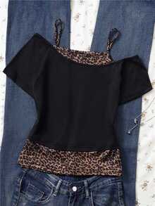 SHEIN Sparklyn Casual 2 In 1 Black Summer T-Shirt, Tween Girl Leopard Print Contrast Color Short Sleeve Back-To-School Tee, Y2K Retro Street Style - Black - View 3